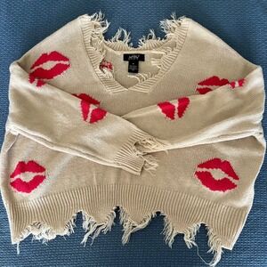 Just Polly Kiss Sweater Top Women's Medium Knit Lips Print Beige